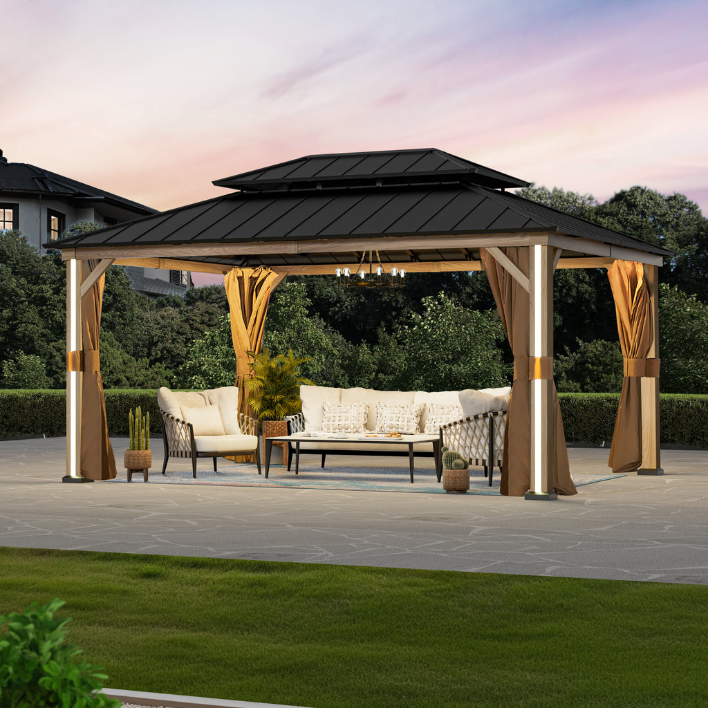 Modern Shade 12'x16' Hardtop Gazebo Wood-Look Aluminum 4 LED Lights USB Ports for Outdoor Patio Deck