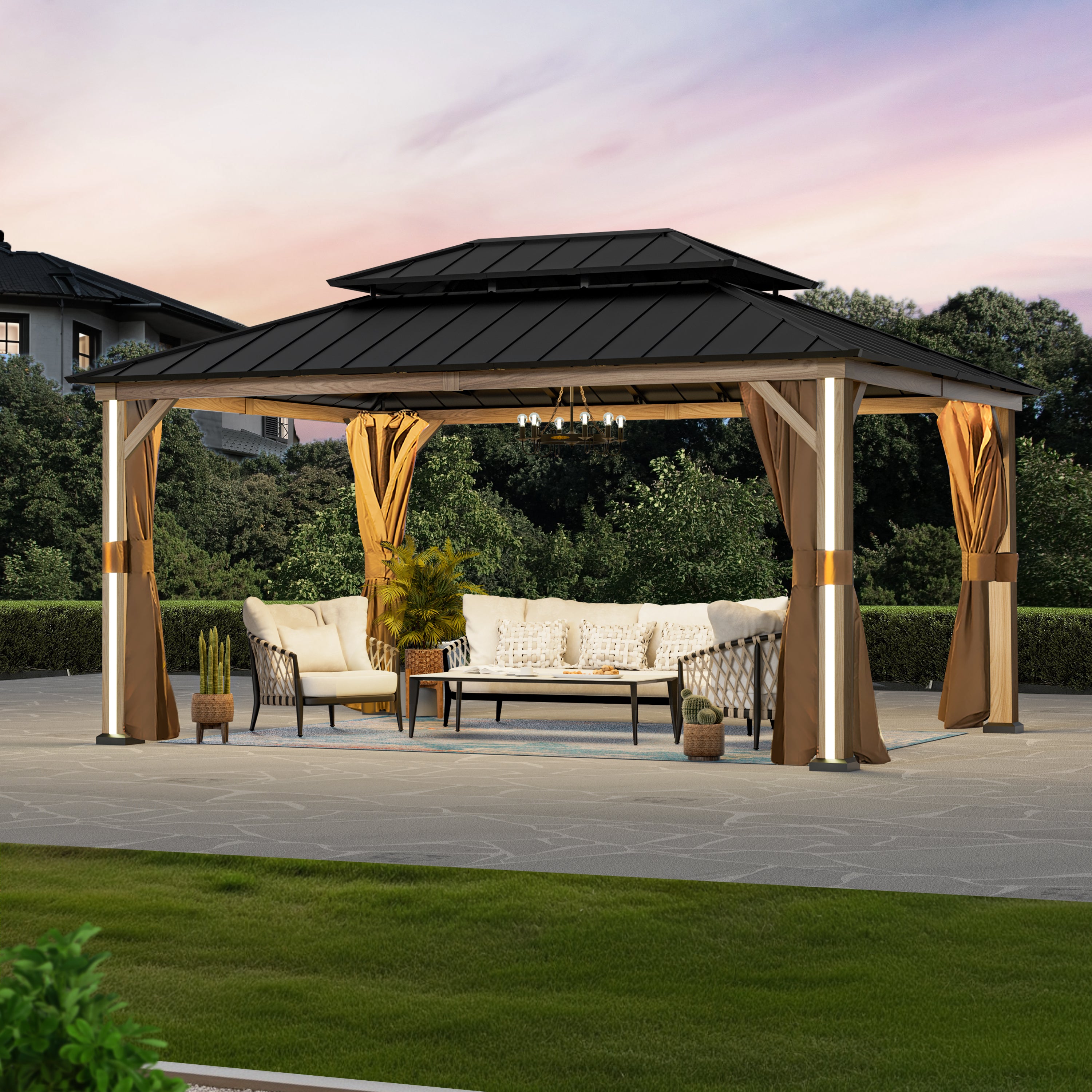 Modern Shade 12'x16' Hardtop Gazebo Wood-Look Aluminum 4 LED Lights USB Ports for Outdoor Patio Deck