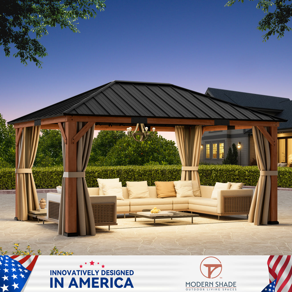 Modern Shade Tranquil Grove 12'x16' Hardtop Gazebo, Cedar Frame, Steel Roof, Netting, Curtains, Brown Outdoor