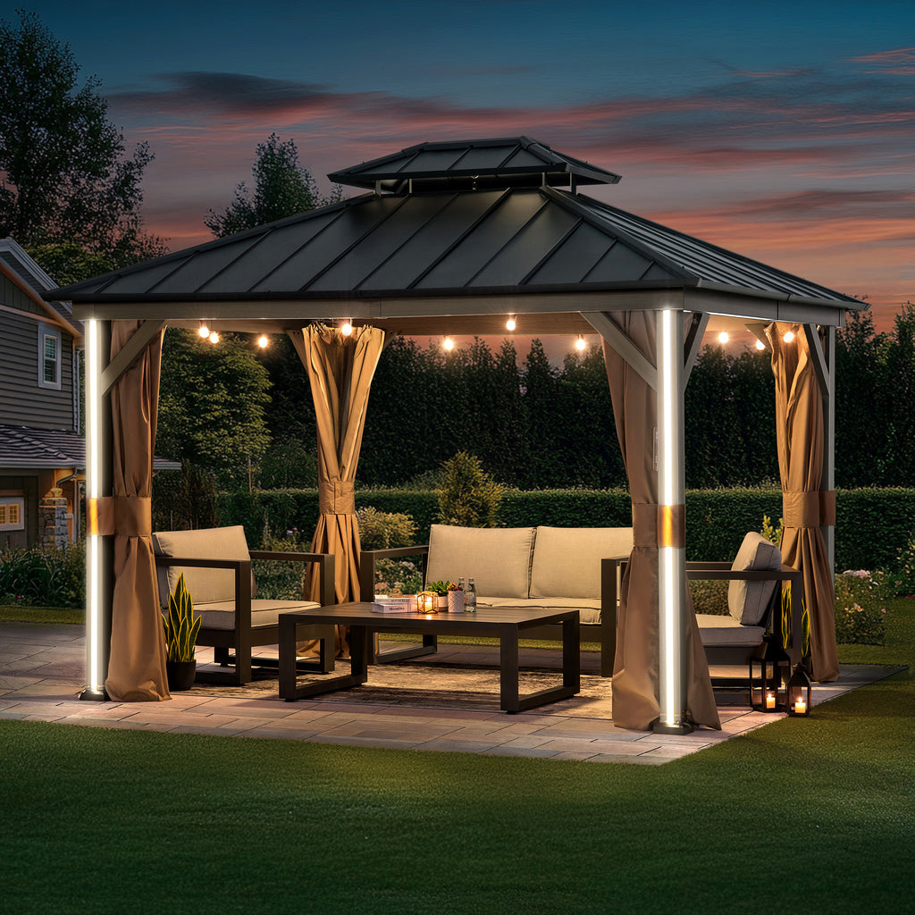 Modern Shade 10' x 12' Hardtop Steel Patio Gazebo with LED Strip Light and Ventilation