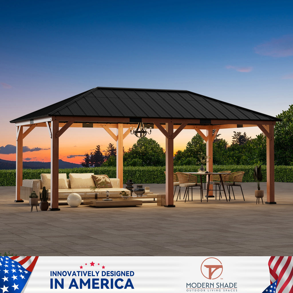 Modern Shade Tranquil Grove 12'x20’Hardtop Gazebo,Cedar Framed Pavilion with Galvanized Steel Roof,Permanent Patio Metal Gazebo for Outdoor Brown