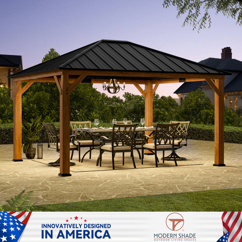 Modern Shade Tranquil Grove 12'x14’Hardtop Gazebo,Cedar Framed Pavilion with Galvanized Steel Roof,Permanent Patio Metal Gazebo for Outdoor Brown
