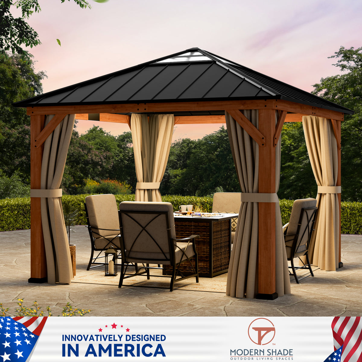 Modern Shade Tranquil Grove 11'x11' Hardtop Gazebo, Cedar Frame, Steel Roof, Netting, Curtains, Brown Outdoor