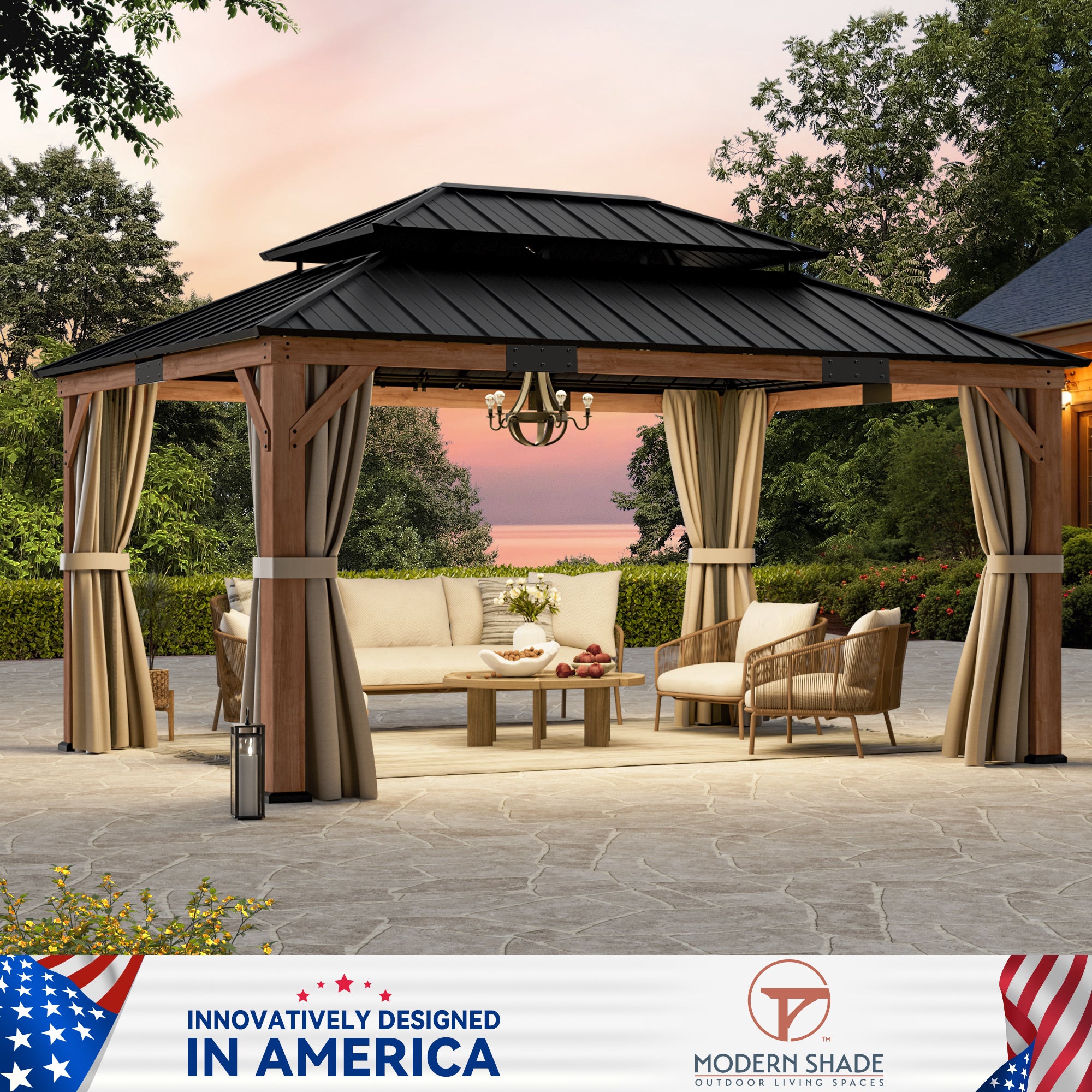 Modern Shade 12' x16' Cedar Wood Framed Gazebo Wind Resistant Hardtop with Lighting Hook for Outdoor