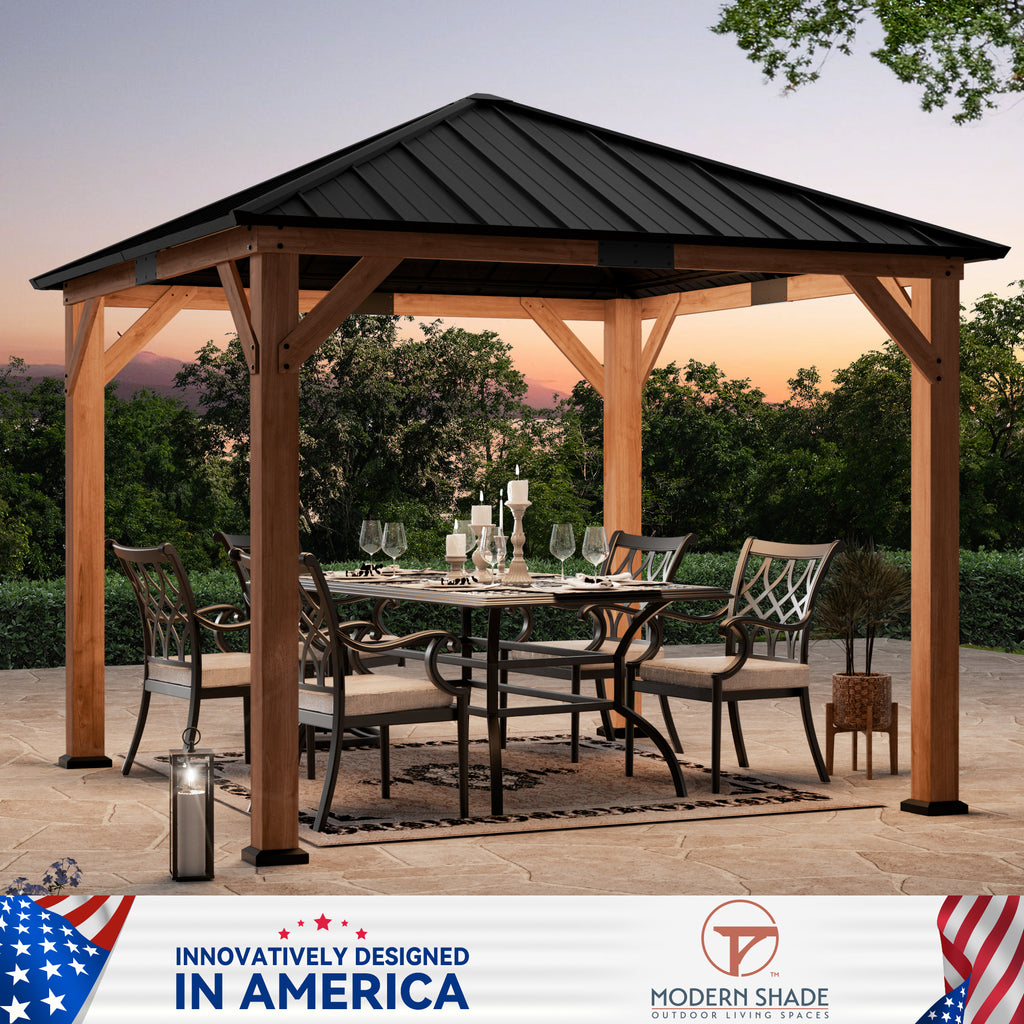 Modern Shade 10'x10' Tranquil Grove Cedar Gazebo - Steel Hardtop Grill Pavilion for Garden/Backyard
