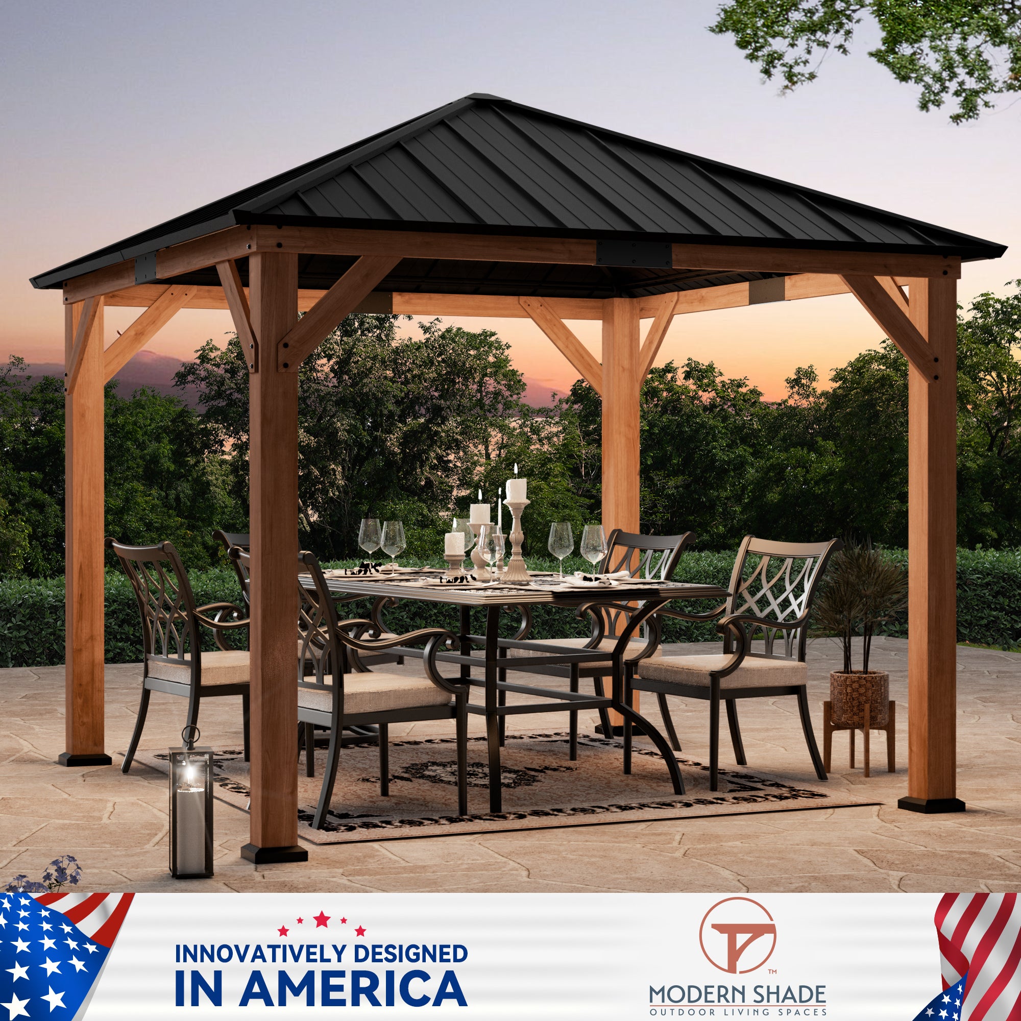 Modern Shade 10'x10' Tranquil Grove Cedar Gazebo - Steel Hardtop Grill Pavilion for Garden/Backyard