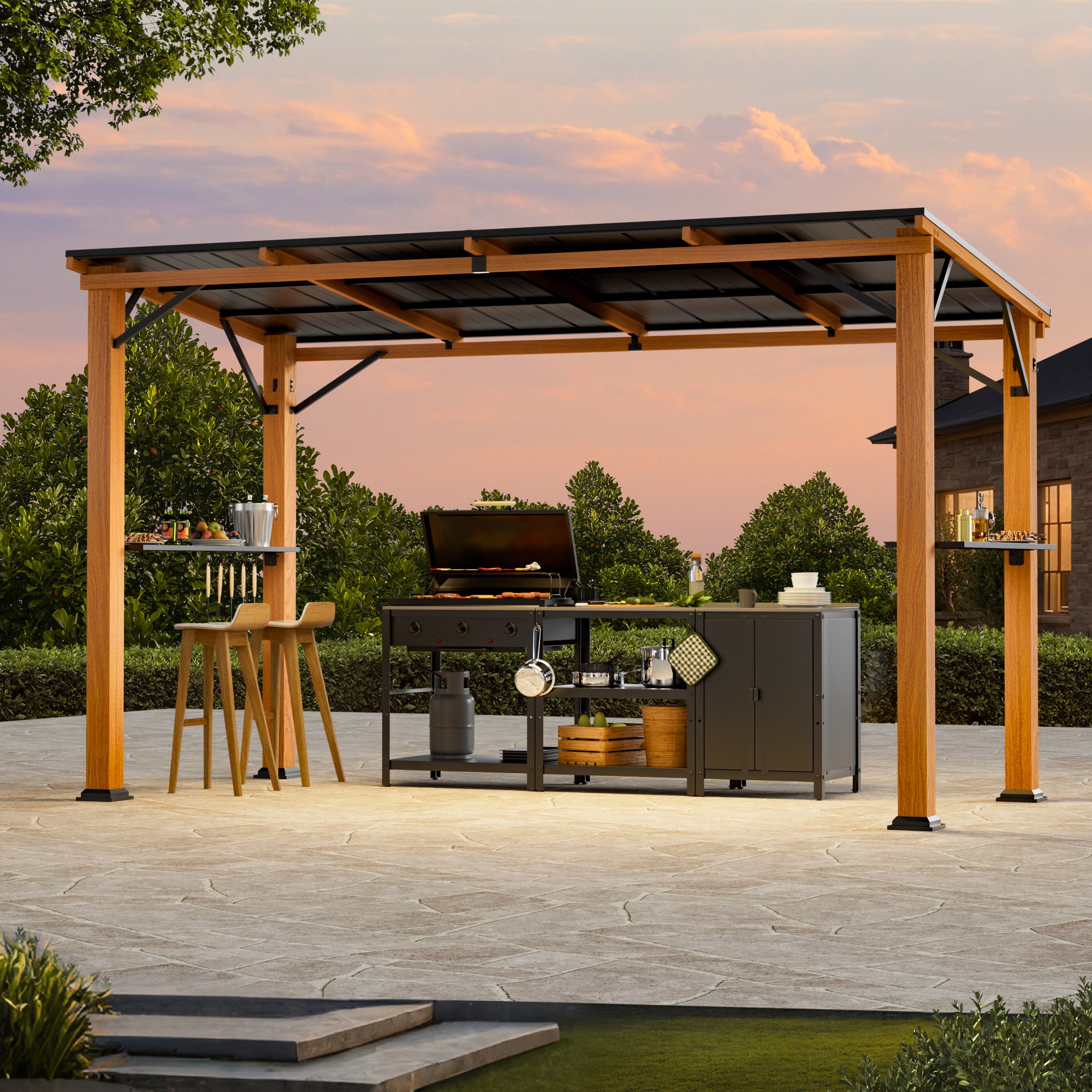 Grill Gazebo 6'x12' Hardtop with Side Shelf, Bottle Opener & Hooks, Wood-Looking Rustproof Outdoor Canopy for Backyard Patio Garden