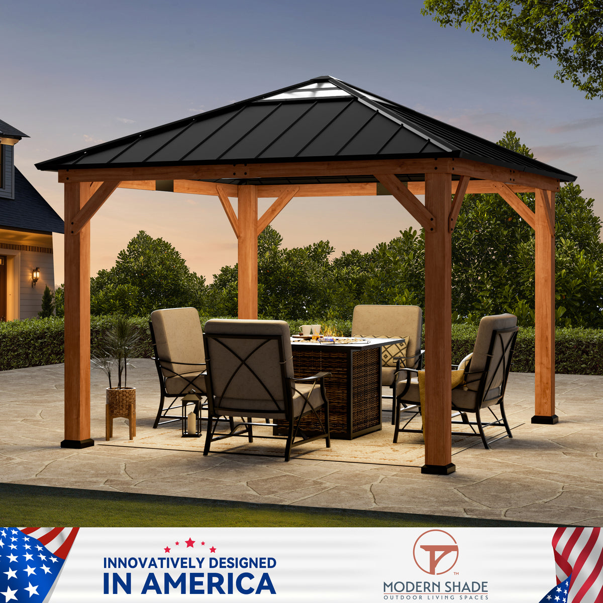 Modern Shade Tranquil Grove 11'x11’Hardtop Gazebo,Cedar Framed Pavilion with Galvanized Steel Roof,Permanent Patio Metal Gazebo for Outdoor Brown