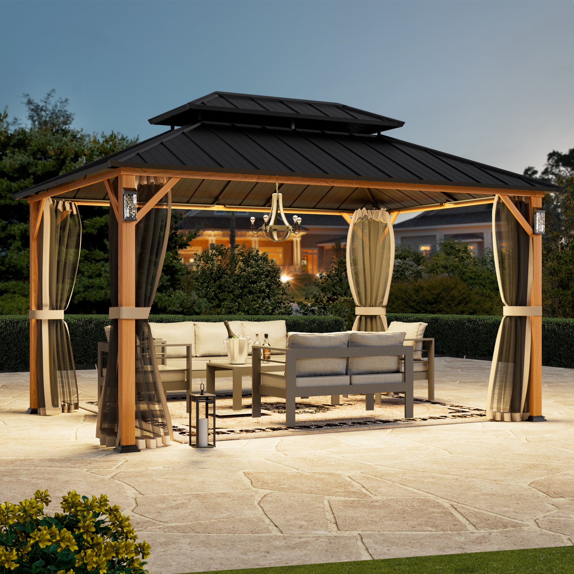 Modern Shade Hardtop Gazebo 10' x 14' with 4 LED Lights, Permanent Gazebo with Double Galvanized Steel Roof for Outdoor Backyard, Brown
