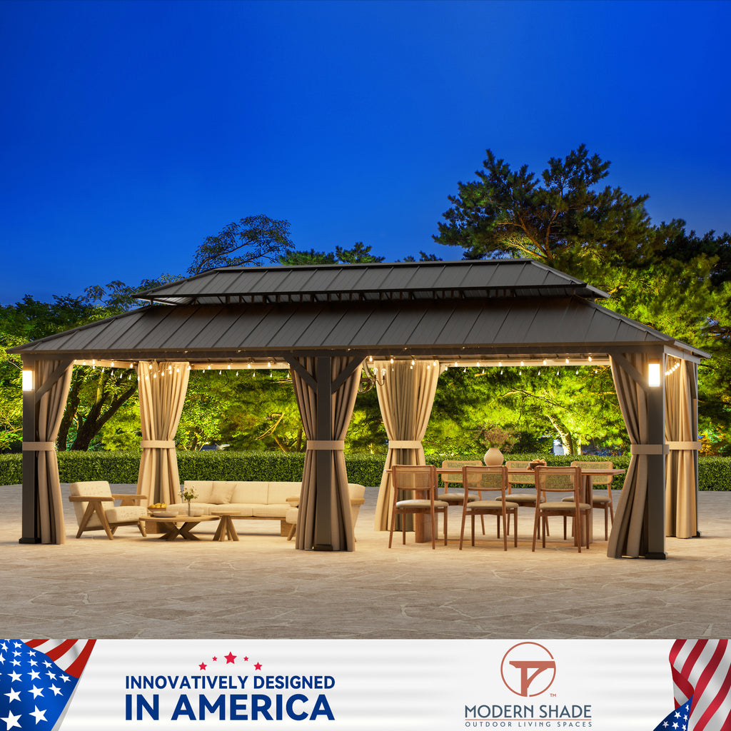 Modern Shade Horizon 12'x24' Hardtop Gazebo, Galvanized Steel Double Roof with 4 LED Lights, Netting & Curtains, Black