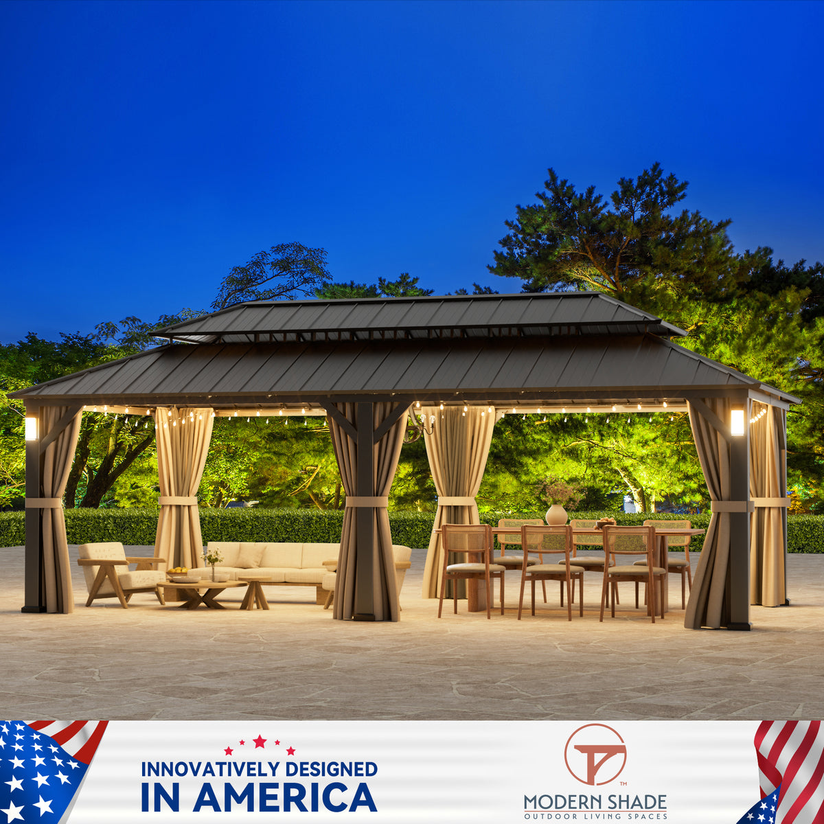 Modern Shade Horizon 12'x24' Hardtop Gazebo, Galvanized Steel Double Roof with 4 LED Lights, Netting & Curtains, Black