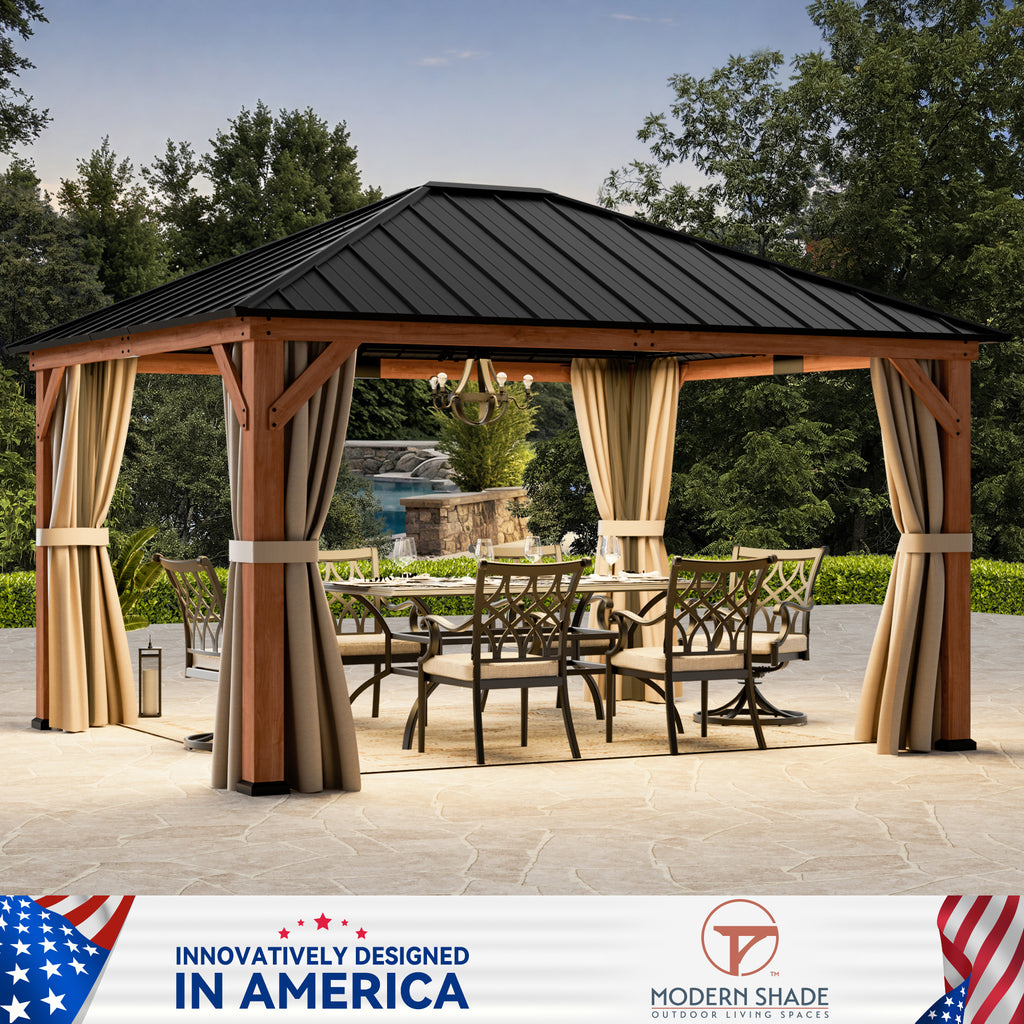 Modern Shade Tranquil Grove 12'x14' Hardtop Gazebo, Cedar Frame, Steel Roof, Netting, Curtains, Brown Outdoor