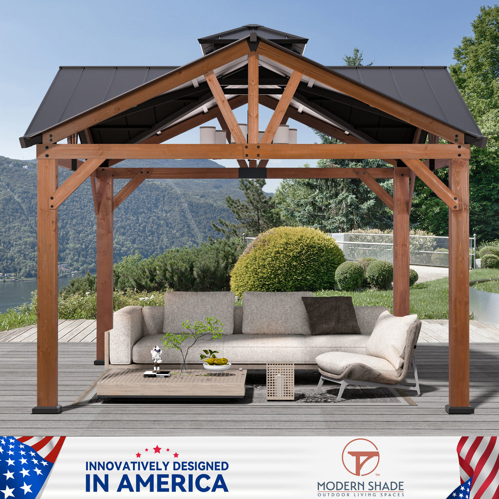 Modern Shade 12’ x 12’ Hardtop Wood Gazebo with Steel Roof, Water Resistant, Wind Resistant, Solid Cedar Frame
