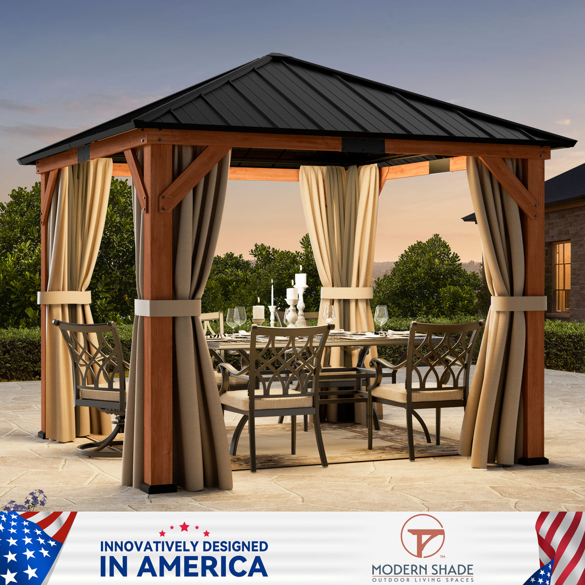 Modern Shade Tranquil Grove 10'x10' Hardtop Gazebo, Cedar Frame, Steel Roof, Netting, Curtain, Brown Outdoor Pavilion