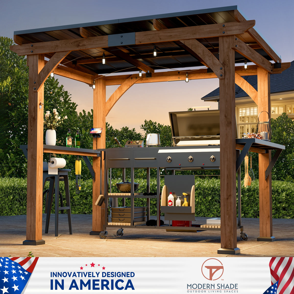 Modern Cedar Wood Grill Gazebo with Steel Roof & Shelving, 6' x 8', Patio BBQ Gazebo with USB Charging Ports