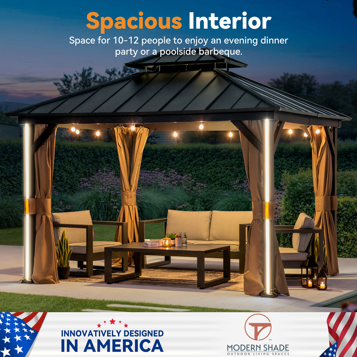 Modern Shade 10' x 12' Hardtop Gazebo with Galvanized Steel Roof, Aluminum Frame, Weather-Resistant Netting