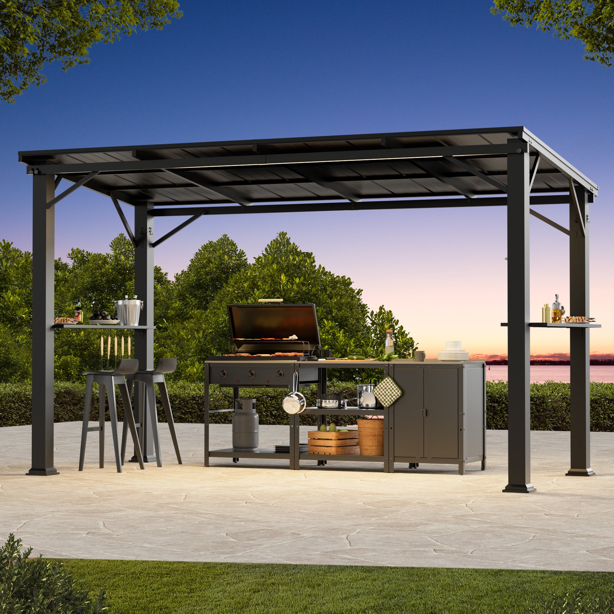 Grill Gazebo 6'x12' with Side Shelf, Hardtop Grill Canopy with Bottle Opener & Hooks, Sturdy Rustproof Frame for Backyard Garden Patio, Black