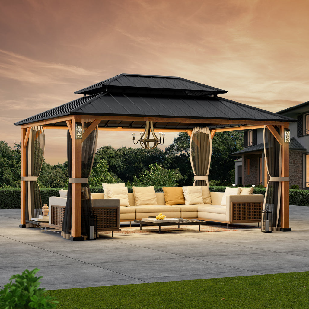Modern Shade Hardtop Gazebo 12' x 16' with 4 LED Lights, Permanent Gazebo with Double Galvanized Steel Roof for Outdoor Backyard, Brown