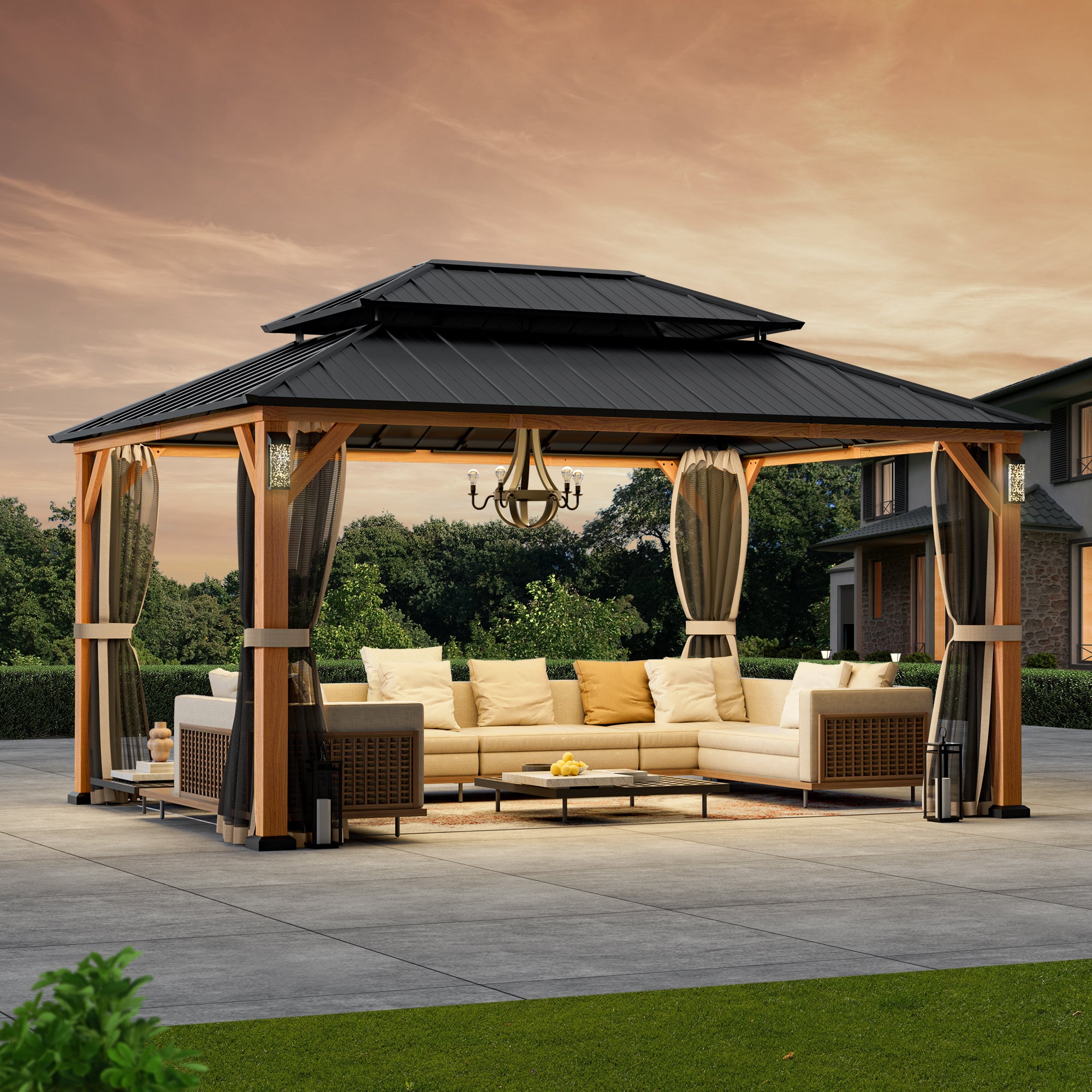 Modern Shade Hardtop Gazebo 12' x 16' with 4 LED Lights, Permanent Gazebo with Double Galvanized Steel Roof for Outdoor Backyard, Brown