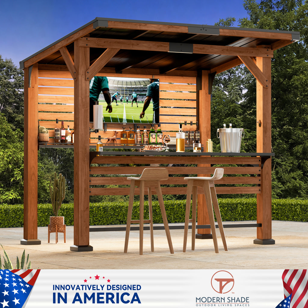 Modern Shade Cedar Wood Bar Center Gazebo with Steel Roof, Shelves, TV Mount & Power Strip for Patio or Garden