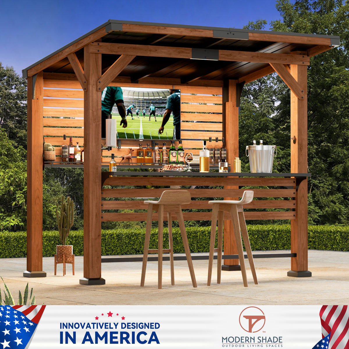 Modern Shade Cedar Wood Bar Center Gazebo with Steel Roof, Shelves, TV Mount & Power Strip for Patio or Garden