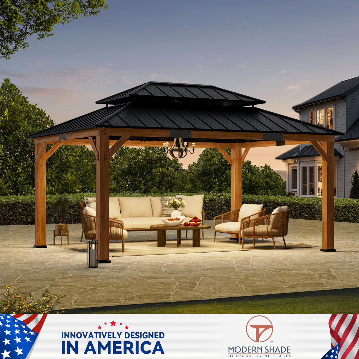 Modern Shade 12'x16' Rosewood Cedar Gazebo Double Galvanized Steel Roof for Garden Backyard