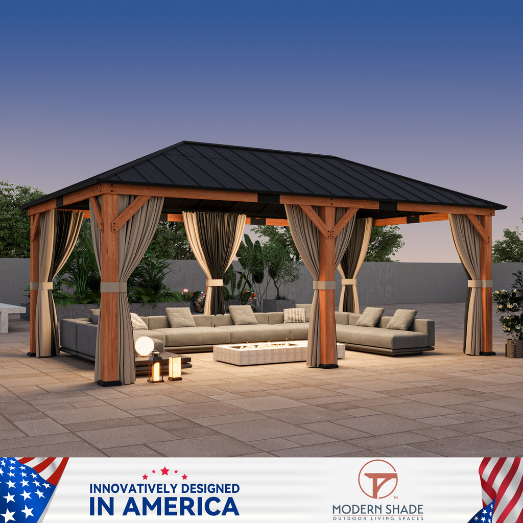 Modern Shade Tranquil Grove 12'x20’Hardtop Gazebo,Cedar Framed Pavilion with Galvanized Steel Roof,Permanent Patio Metal Gazebo for Outdoor Brown