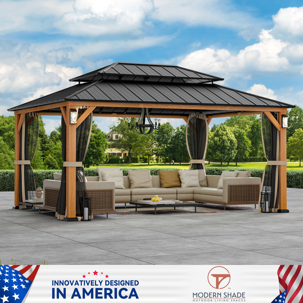 Modern Shade Hardtop Gazebo 12' x 16' with 4 LED Lights, Permanent Gazebo with Double Galvanized Steel Roof for Outdoor Backyard, Brown