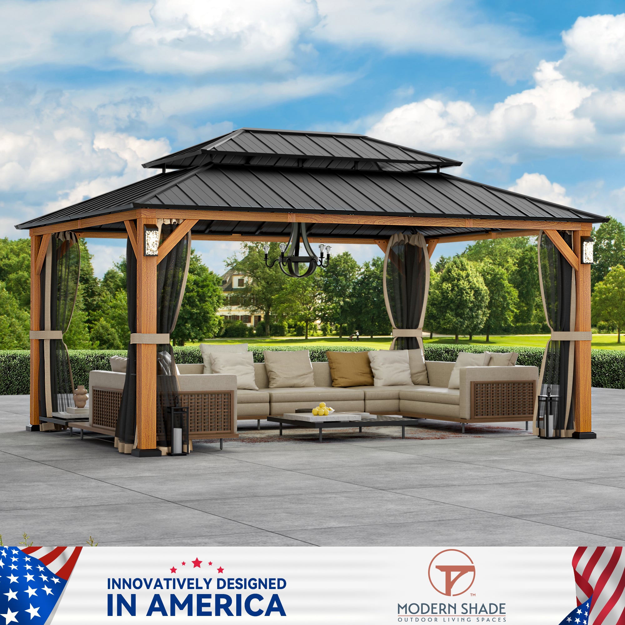 Modern Shade Hardtop Gazebo 12' x 16' with 4 LED Lights, Permanent Gazebo with Double Galvanized Steel Roof for Outdoor Backyard, Brown