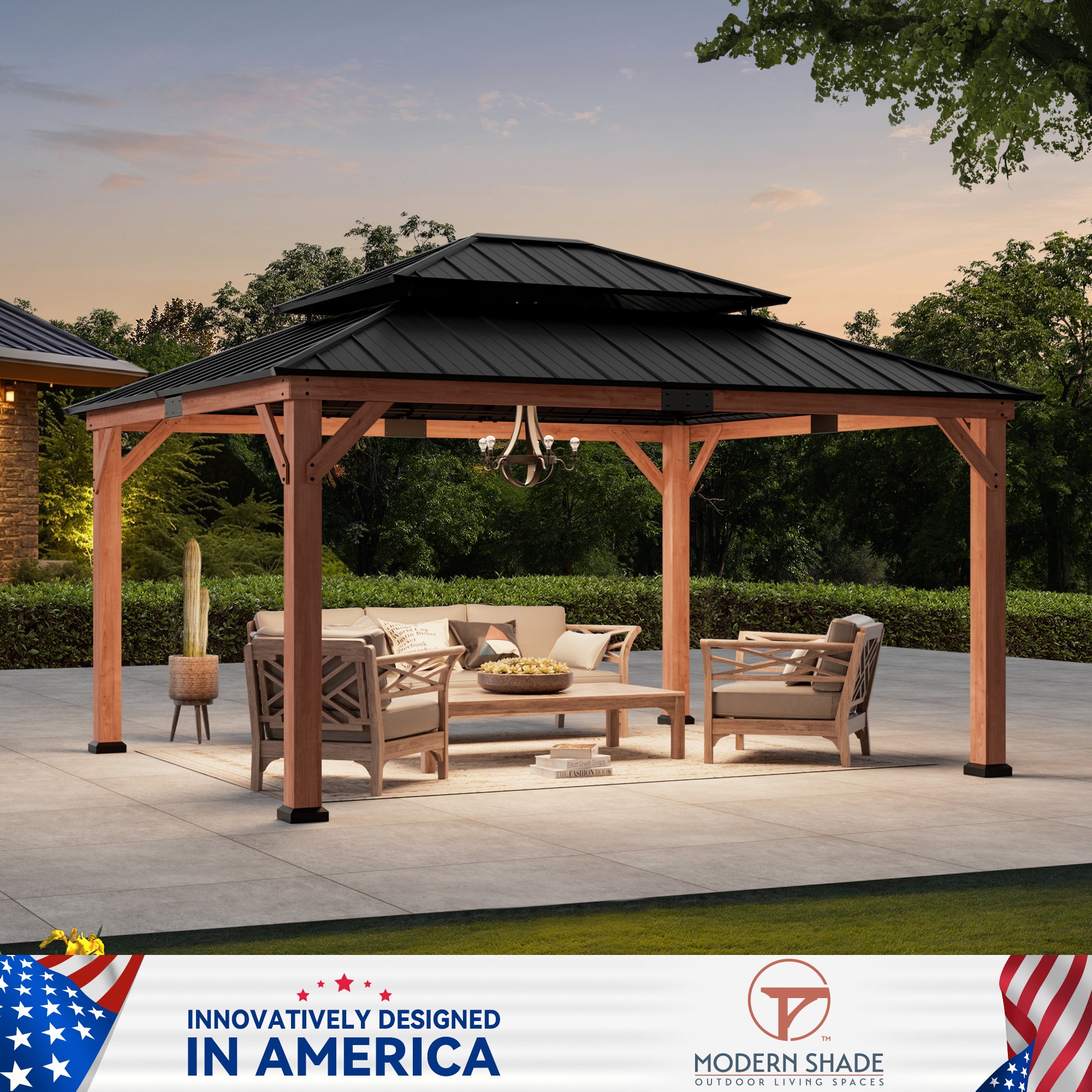 Modern Shade 13' x15' Gazebo Cedar Frame Double Galvanized Steel Roof with Curtain Netting for Garden Backyard Brown