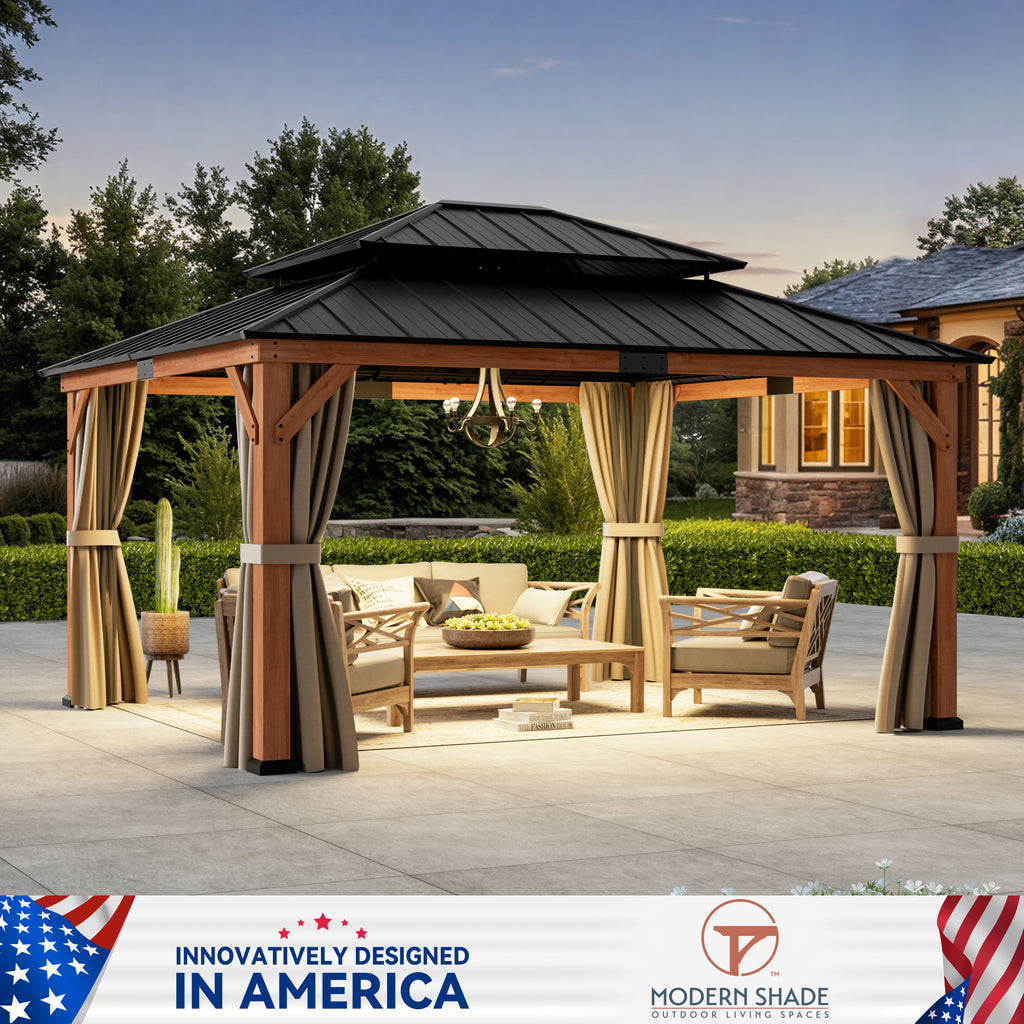 Modern Shade 13'x15' Rosewood Wood Gazebo Cedar Wood Framed Double Steel Roof for Garden Backyard