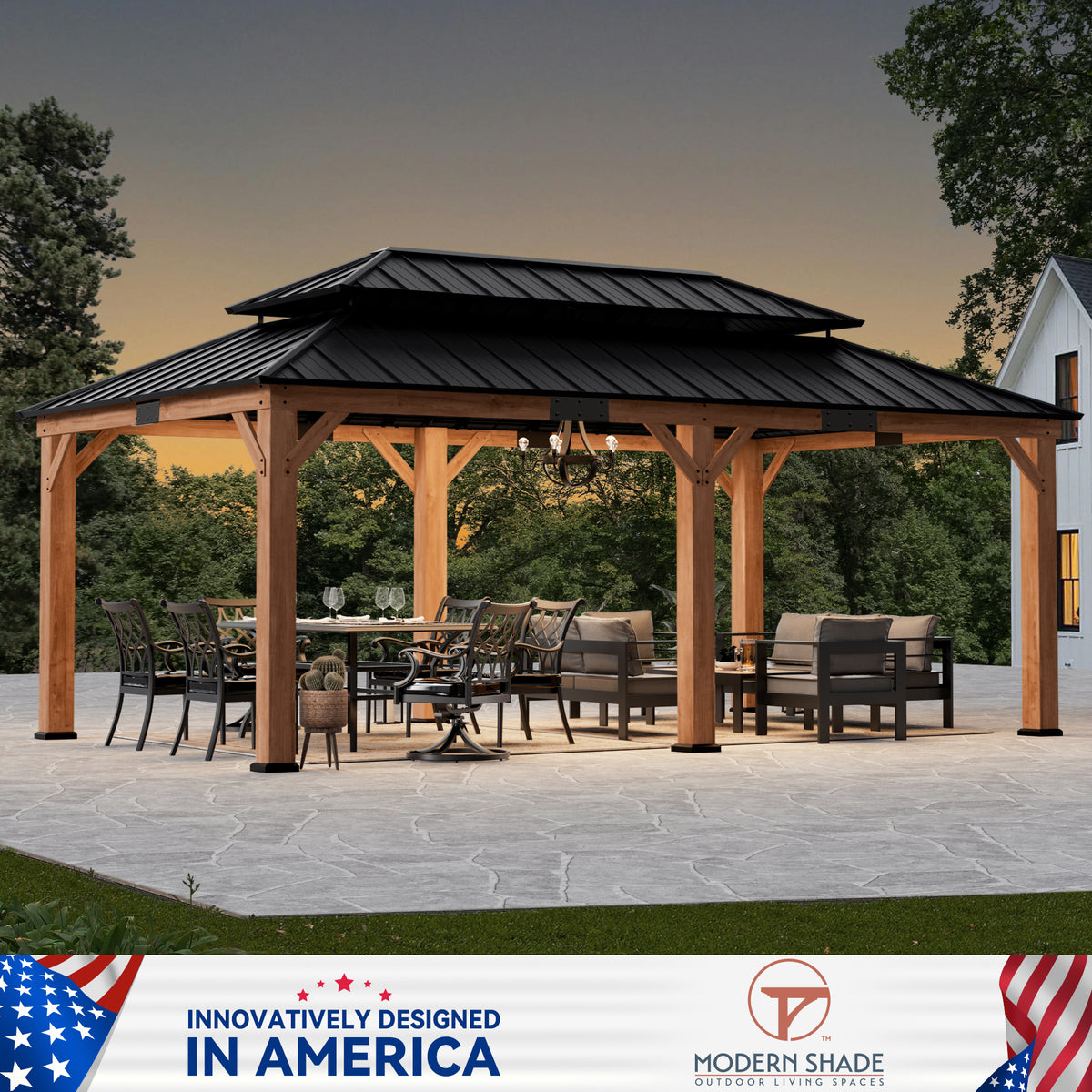 Modern Shade Rosewood 12'x20’Hardtop Gazebo,Cedar Framed Rosewood Pavilion with Double Galvanized Steel Roof,Permanent Patio Gazebo for Outdoor Brown