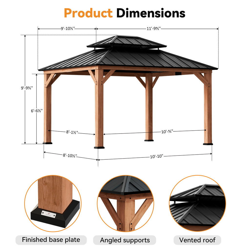 Modern Shade 10'x12' Gazebo Cedar Wood Frame Double Galvanized Steel Roof Hurricane-Proof for Patio Outdoor Brown