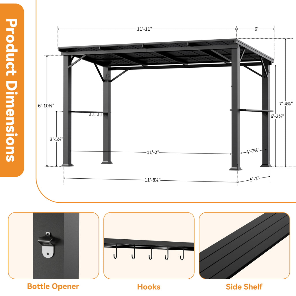 Grill Gazebo 6'x12' with Side Shelf, Hardtop Grill Canopy with Bottle Opener & Hooks, Sturdy Rustproof Frame for Backyard Garden Patio, Black