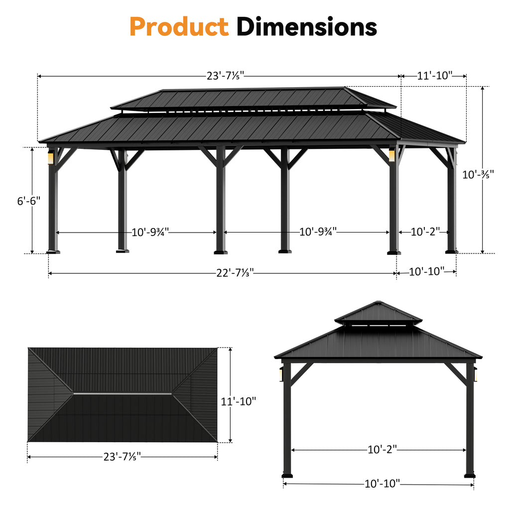 Modern Shade Horizon 12'x24' Hardtop Gazebo, Galvanized Steel Double Roof with 4 LED Lights, Netting & Curtains, Black