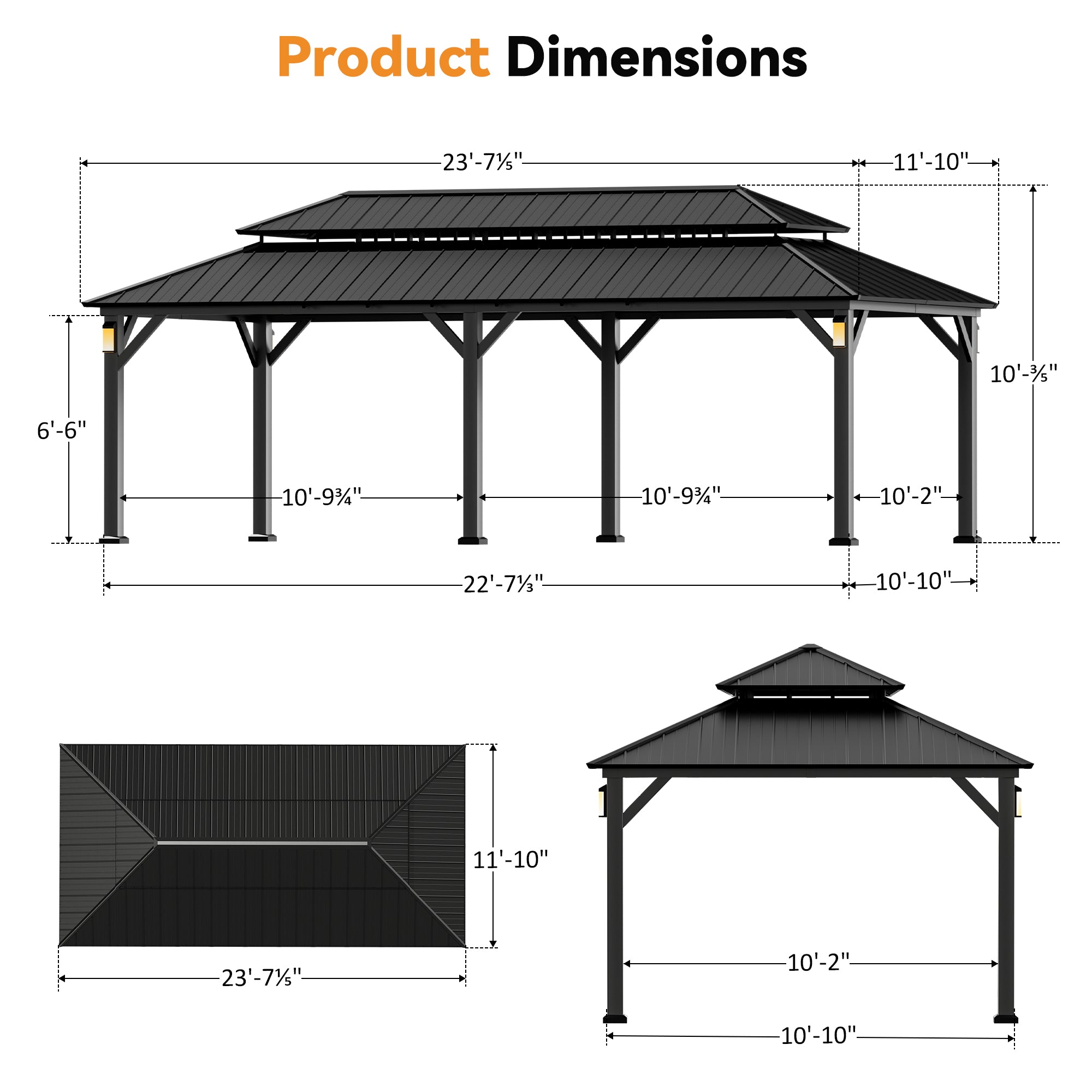 Modern Shade Horizon 12'x24' Hardtop Gazebo, Galvanized Steel Double Roof with 4 LED Lights, Netting & Curtains, Black