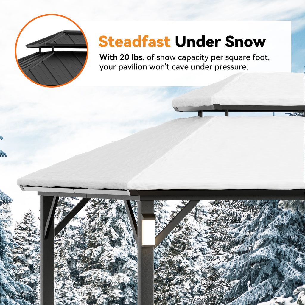 Modern Shade The Horizon Hardtop Gazebo - 10' x 14' Black Double Steel Roof with 4 Solar LED Lights