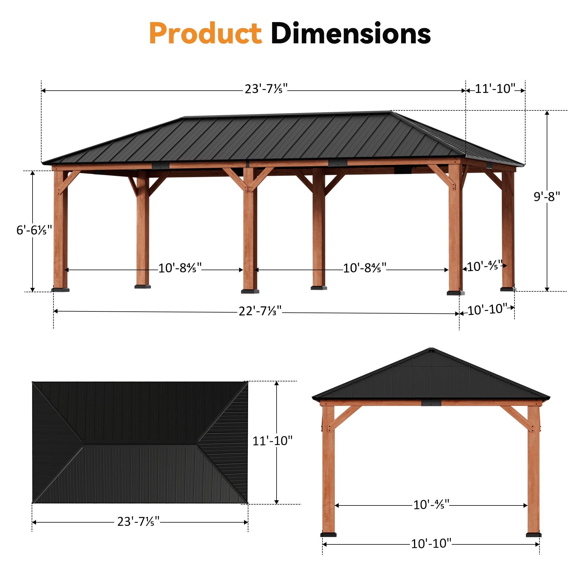 Modern Shade Tranquil Grove 12'x24’Hardtop Gazebo,Cedar Framed Pavilion with Galvanized Steel Roof,Permanent Patio Metal Gazebo for Outdoor Brown