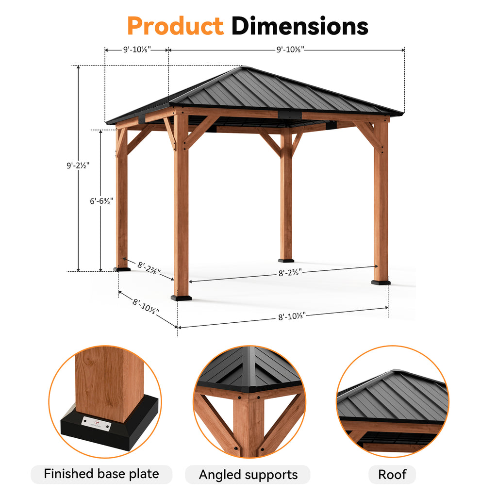 Modern Shade Tranquil Grove 10'x10' Hardtop Gazebo, Cedar Frame, Steel Roof, Netting, Curtain, Brown Outdoor Pavilion