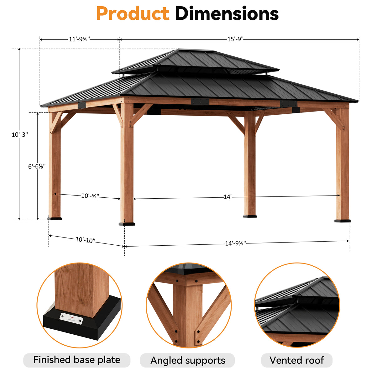 Modern Shade 12' x16' Cedar Wood Framed Gazebo Wind Resistant Hardtop with Lighting Hook for Outdoor