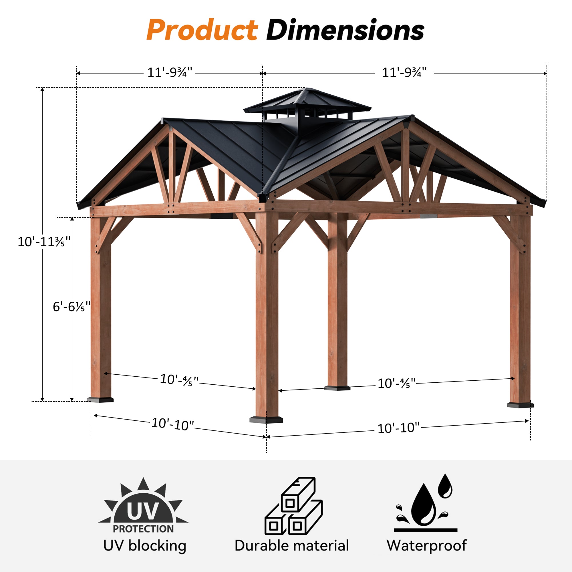 Modern Shade 12’ x 12’ Hardtop Wood Gazebo with Steel Roof, Water Resistant, Wind Resistant, Solid Cedar Frame