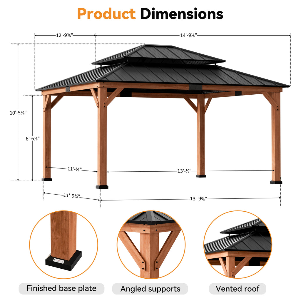 Modern Shade 13' x15' Gazebo Cedar Frame Double Galvanized Steel Roof with Curtain Netting for Garden Backyard Brown