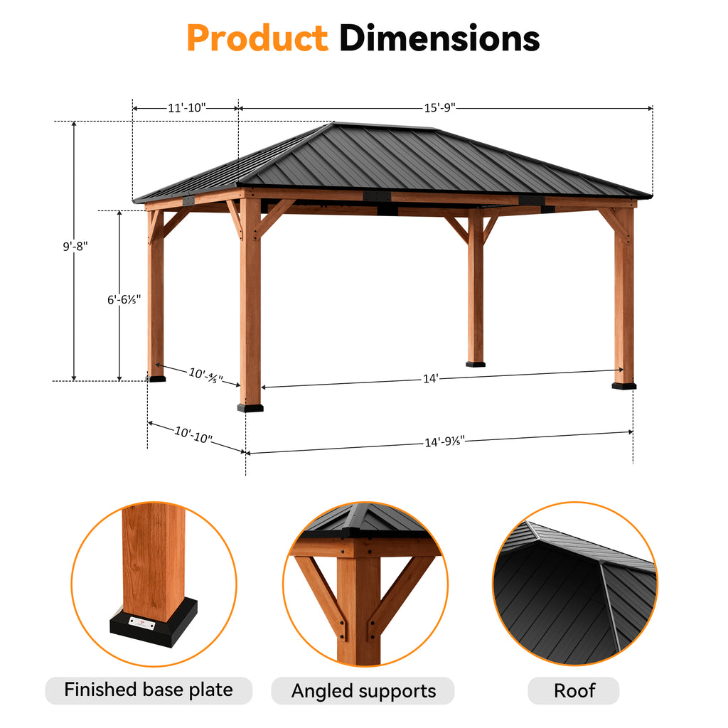 Modern Shade Tranquil Grove 12'x16' Hardtop Gazebo, Cedar Frame, Steel Roof, Netting, Curtains, Brown Outdoor