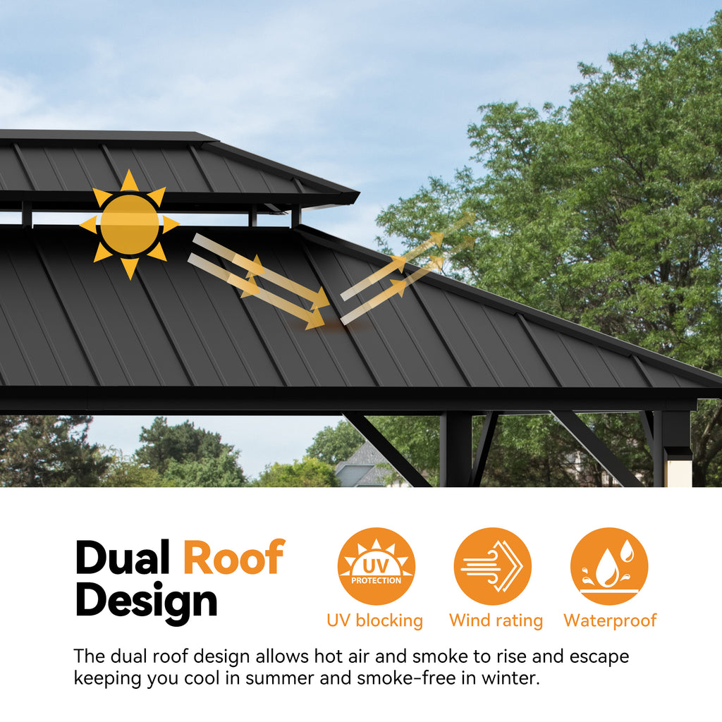 Modern Shade The Horizon Hardtop Gazebo - 10' x 14' Black Double Steel Roof with 4 Solar LED Lights