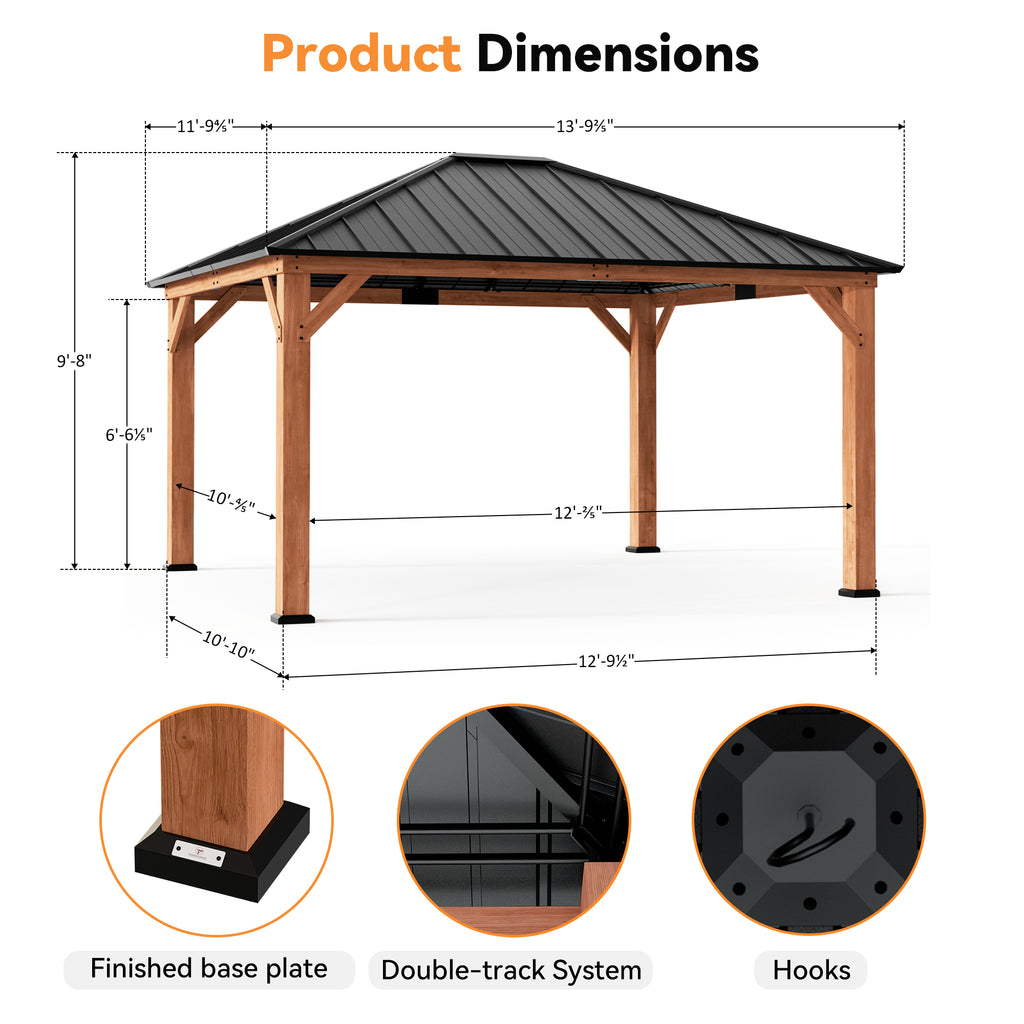Modern Shade Tranquil Grove 12'x14' Hardtop Gazebo, Cedar Frame, Steel Roof, Netting, Curtains, Brown Outdoor