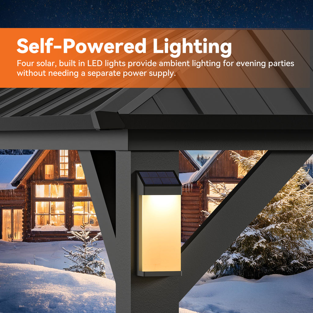 Modern Shade Hardtop Gazebo 12' x 16' with 4 LED Lights, Permanent Gazebo with Double Galvanized Steel Roof for Outdoor Backyard, Brown