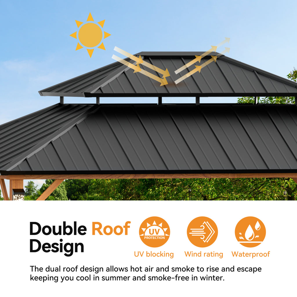 Modern Shade Hardtop Gazebo 12' x 14' with 4 LED Lights, Permanent Gazebo with Double Galvanized Steel Roof for Outdoor Backyard, Brown