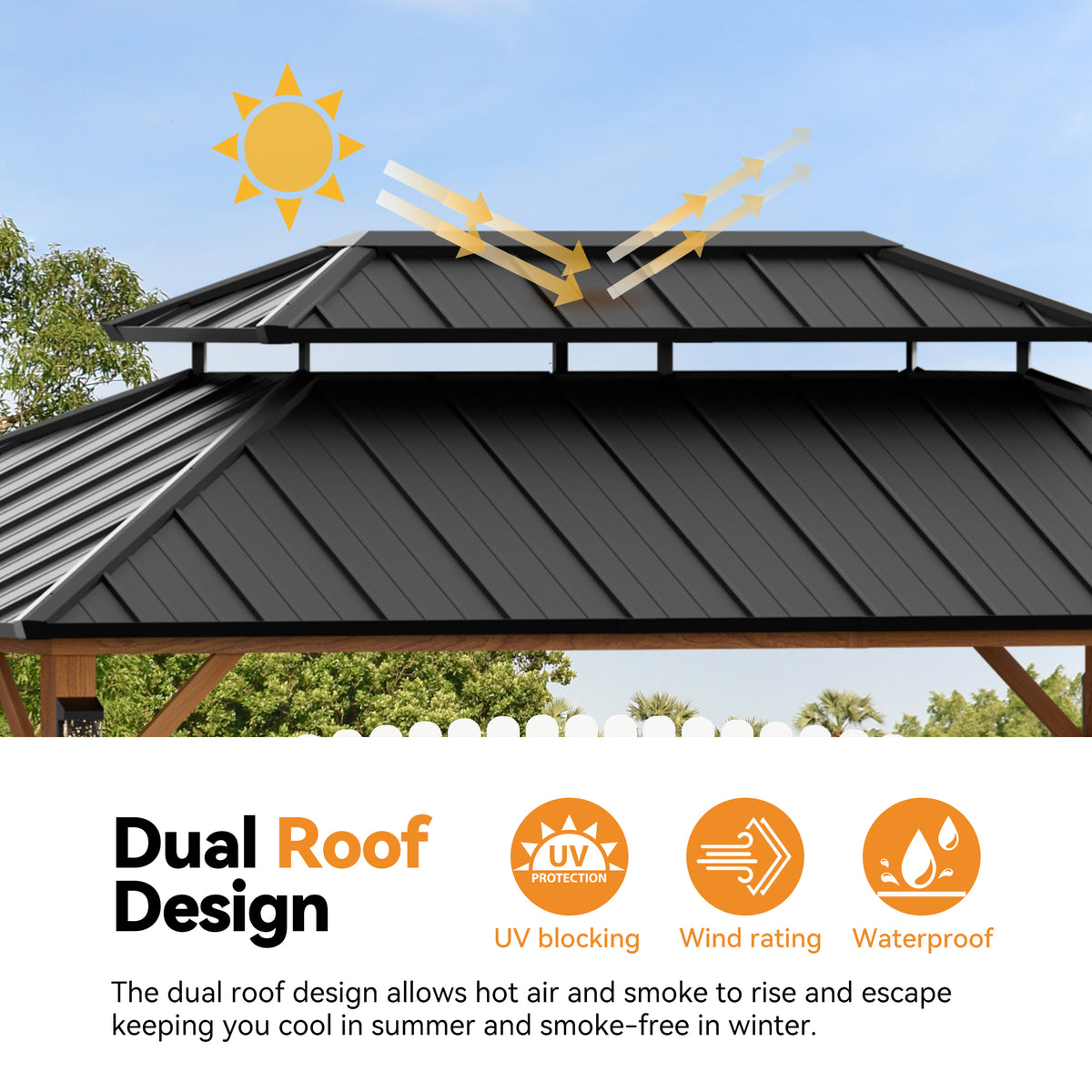 Modern Shade Hardtop Gazebo 10' x 14' with 4 LED Lights, Permanent Gazebo with Double Galvanized Steel Roof for Outdoor Backyard, Brown