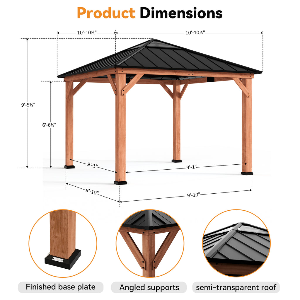 Modern Shade Tranquil Grove 11'x11' Hardtop Gazebo, Cedar Frame, Steel Roof, Netting, Curtains, Brown Outdoor