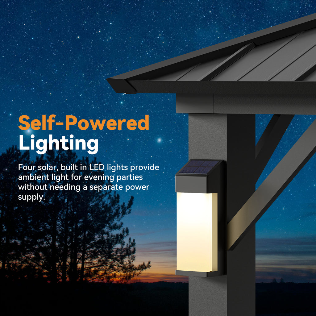 Modern Shade The Horizon Hardtop Gazebo - 10' x 14' Black Double Steel Roof with 4 Solar LED Lights
